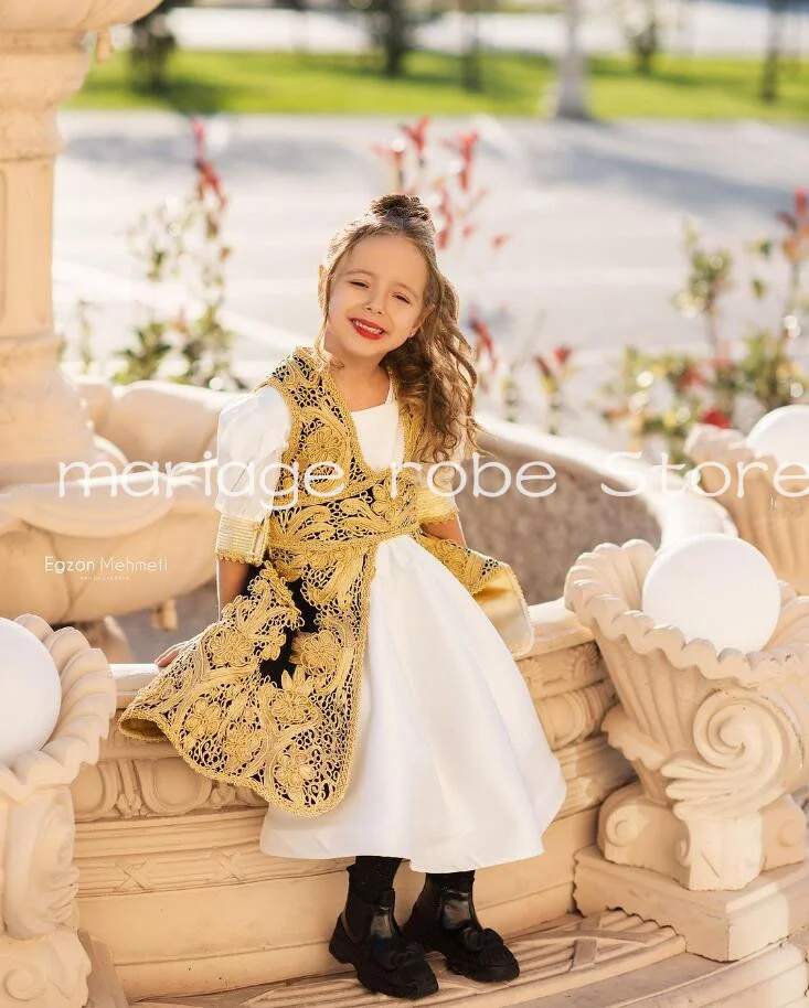 White Black Kosovo and Albanian Traditional Flower Girl Dress With Jacket gold lace applique little girl birthday wedding gown