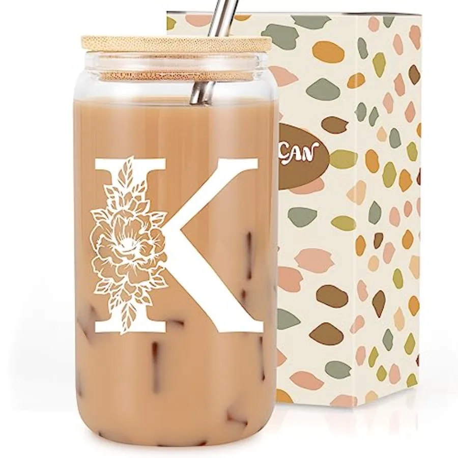 Initial Glass Cup, Monogrammed Gifts for Women, 16oz Glass Cups w/Lids Straws, Iced Coffee Smoothie Beer Tumbler w/Straw Lid, P