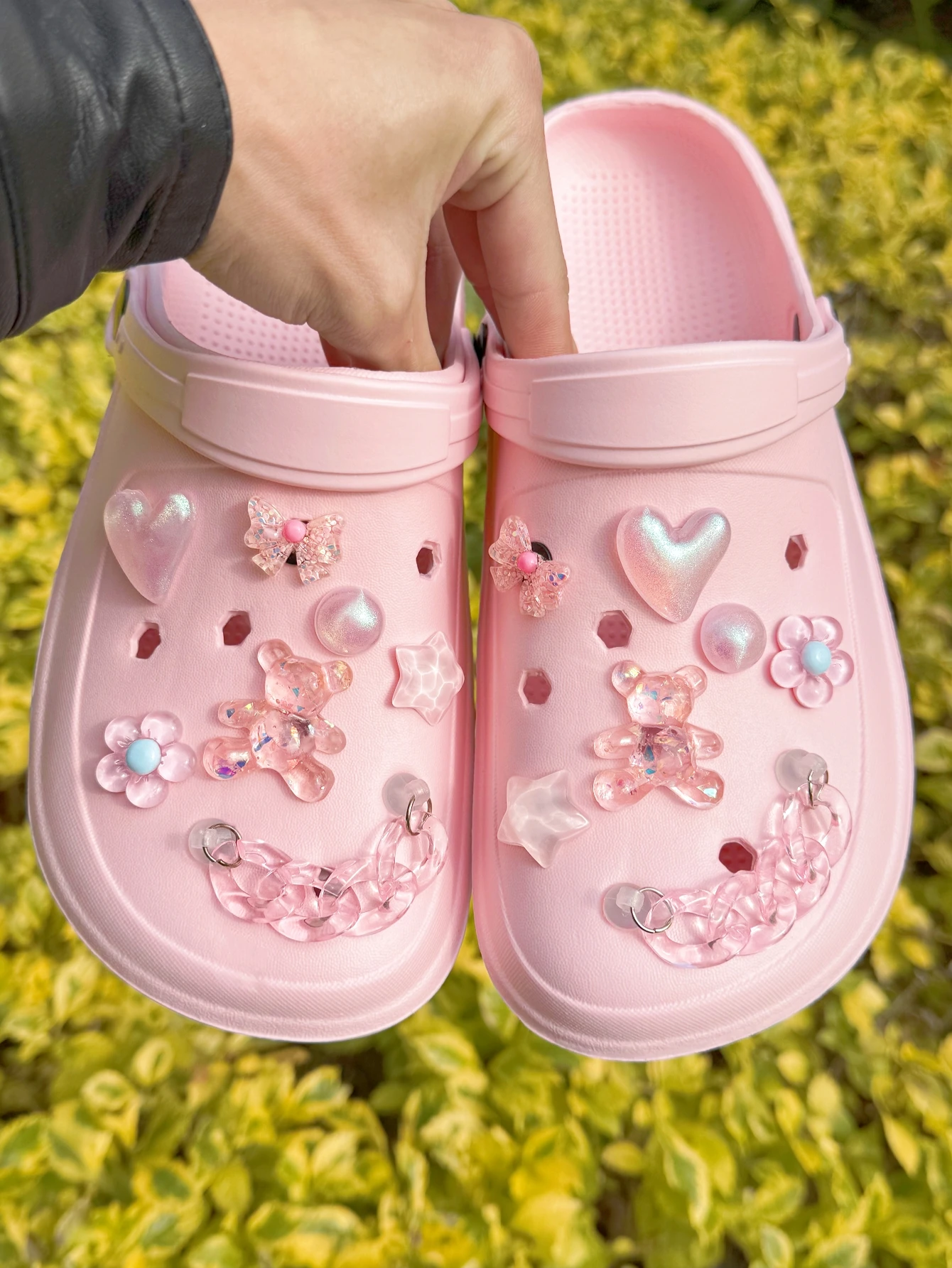 14PCS pink (Bear, heart, flower, star, bow, chain) Cute Alligator Shoes Shoe Accessories Removable DIY shoe accessories