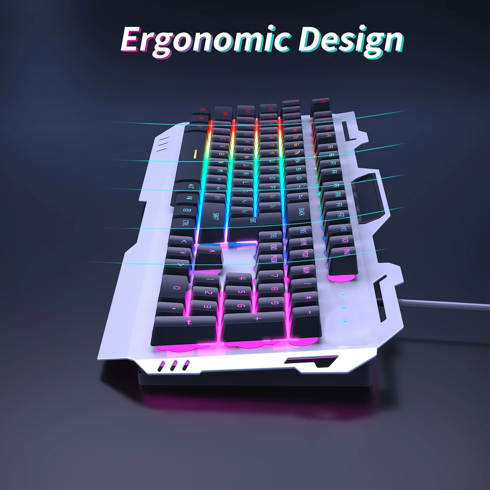 EWEADN GX80Z Gaming Membrane Keyboard, 104Keys Wired All-Metal Panel Silent with LED Backlit, Esports, Home Use, School, Laptop