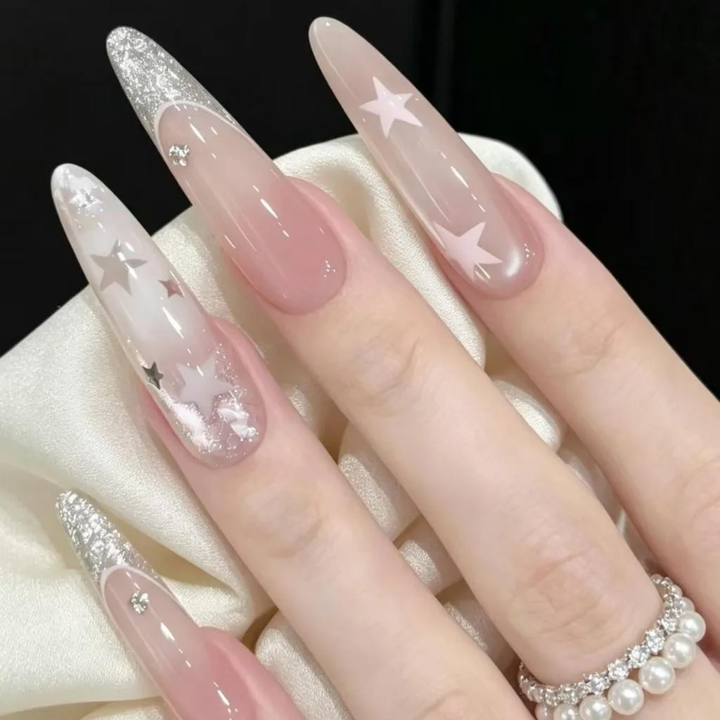 10pcs Handmade Long Stiletto Press On Nails Nude Pink Gradient French Sparkling Star Design Fake Nails Wearable Nails Art Tips