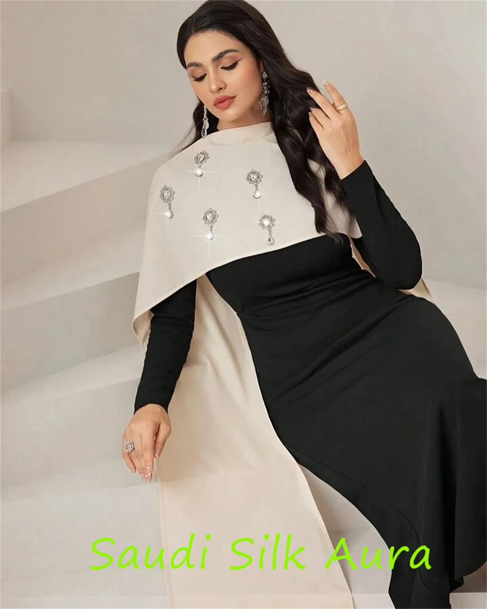 فستان سهرة فاخر من الجيرسيه باللون الأسود مخصص رائع بياقة عالية وأكمام طويلة للحفلات عالي الجودة مستقيم Pr #2