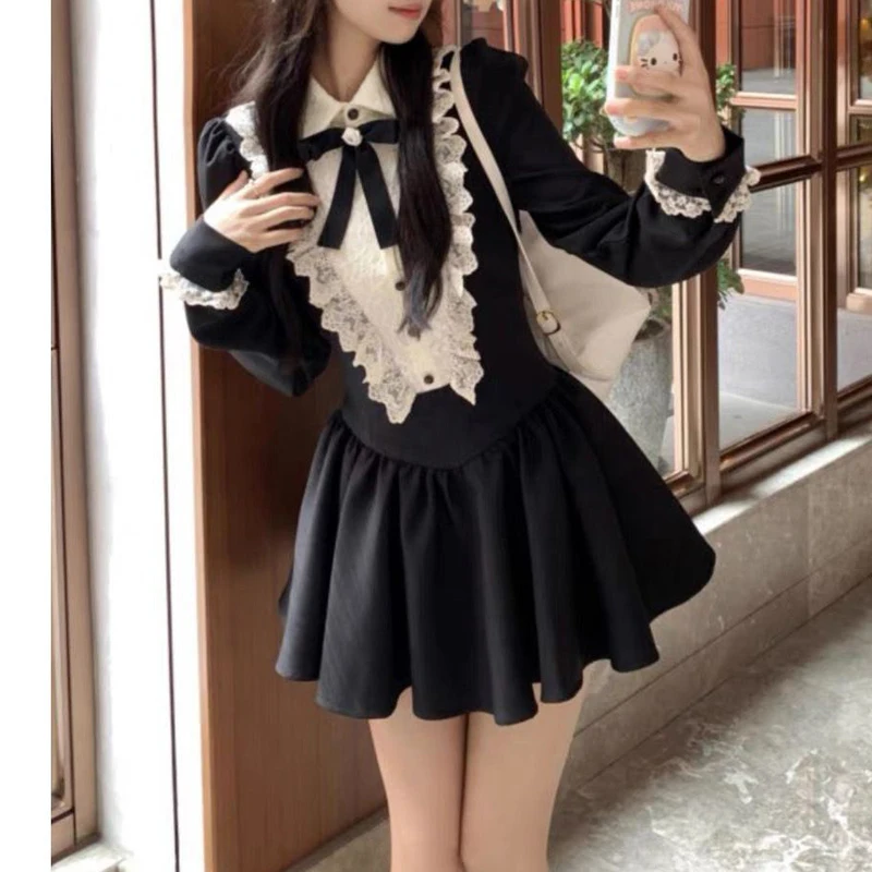 فساتين حفلات الأميرات الحلوة بفيونكة دانتيل عتيقة للسيدات Harajuku Y2K لوليتا Kawaii فستان قصير بأكمام طويلة فساتين مثيرة #5