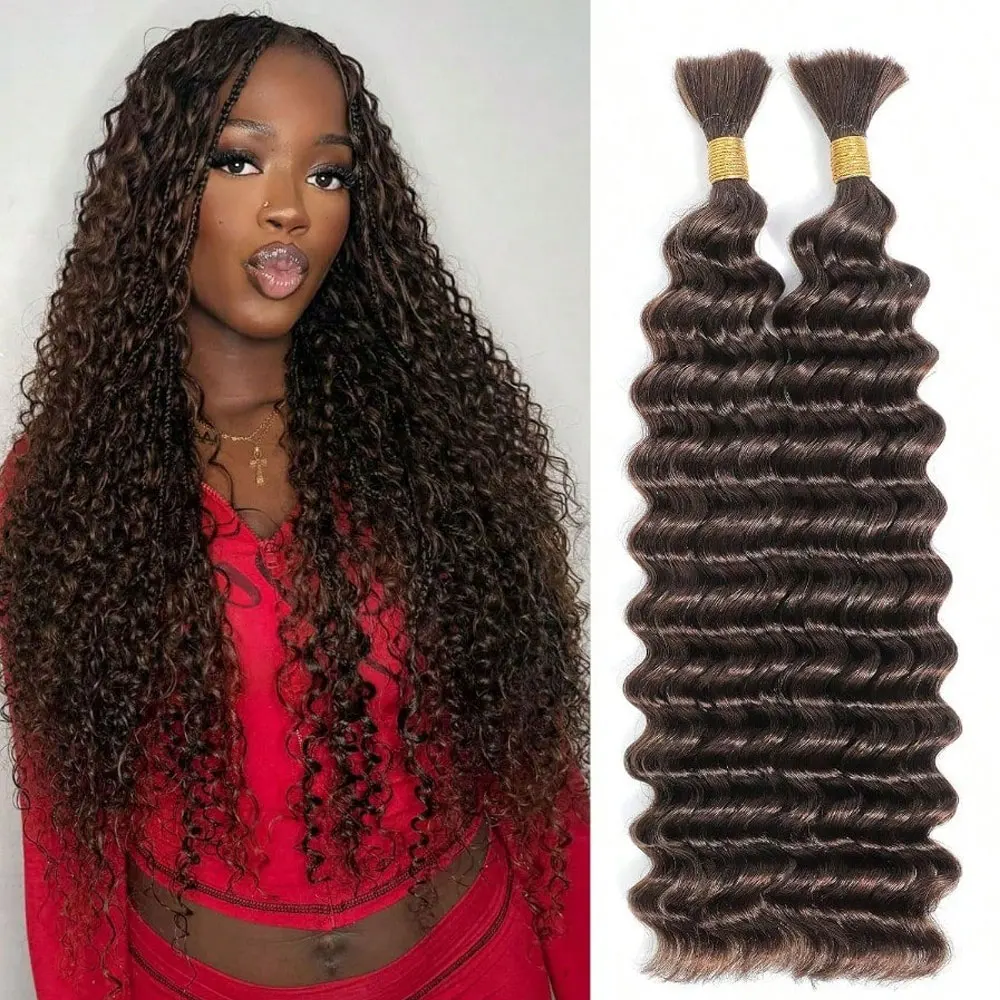 

110g 28 Inch Curly Boho Hair for Braiding Knotless 12A Deep Wave Bulk Bohemian 2 Bundles/ Pack Dark Brown Color 100%Human Hair