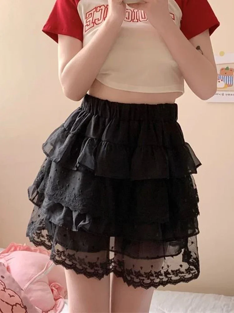 Fashion Japan Cake Skirts Women Sweet High Waist Mini Skirt Vintage Casual Preppy Style Lace Patchwork Elegant Skirts for Women