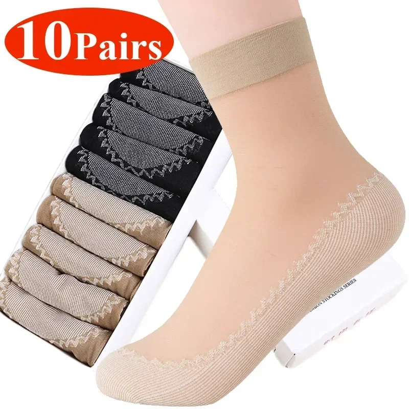 10Pairs Spring Summer Women Velvet Silk Socks Bottom Non-Slip Short Sock Transparent Ultrathin Breathable Lace Ladies Ankle Sock