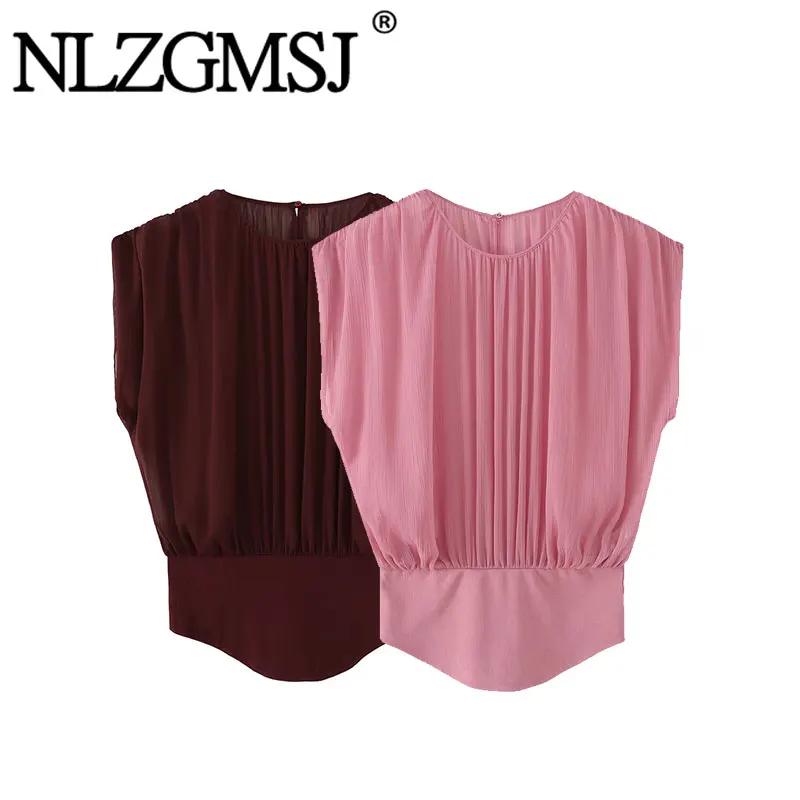 Nlzgmsj 2026 Sommer Damen Vintage Transparente Geraffte Bluse Rundhals Fledermausärmel Elastische Taille Lässiges Streetwear Crop Top