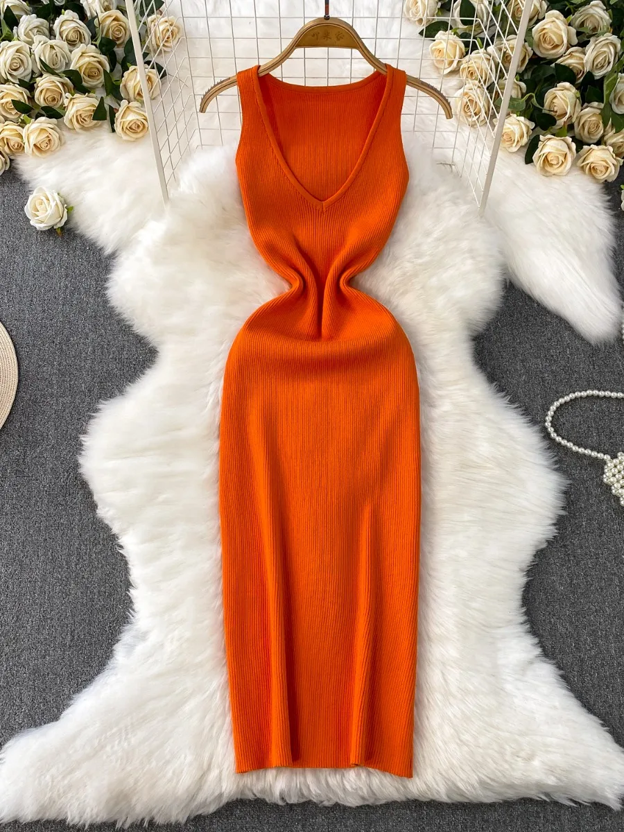 Foamlina-vestido Sexy de punto sin mangas con escote en V profundo para mujer, novedad de verano, vestidos de punto ajustados con cintura elástica naranja