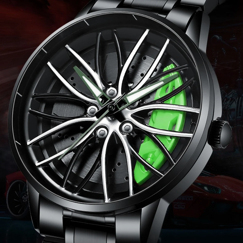 

New Sports 3d Xiao mi Car Wheel Watch Fashionable Rotating Dial Stainless Steel Strap Waterproof Quartz Watches reloj hombre