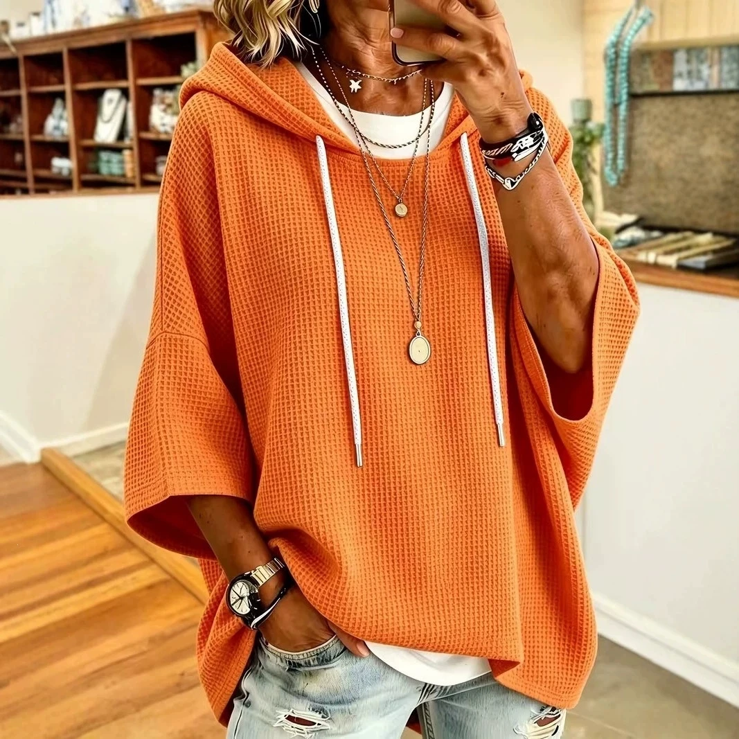 New Waffle Knit Hoodie With Drawstring, Loose Casual Outerwear Knitted Tops