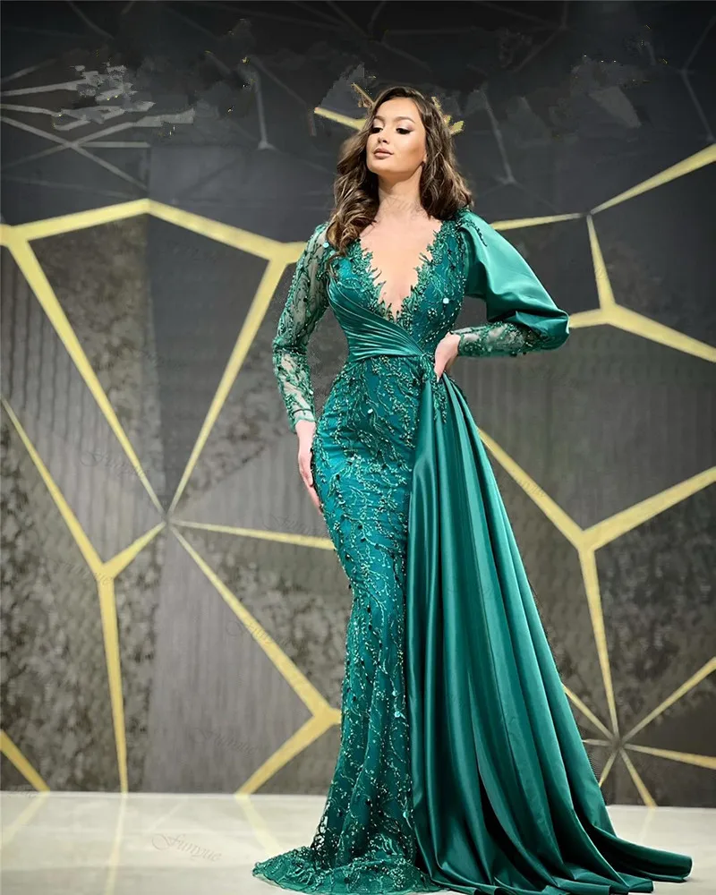 Vestidos De graduación árabes verdes, De Dubái Vestidos De noche, Vestidos formales musulmanes con lentejuelas De encaje De sirena, Vestidos largos De Gala personalizados, 2024