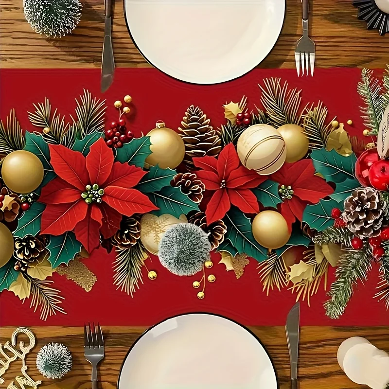 1pc Christmas Tablecloth, Red Green Holiday Decor with Poinsettias Pine Cones Golden Accents, Elegant Easy-Clean Polyester Table