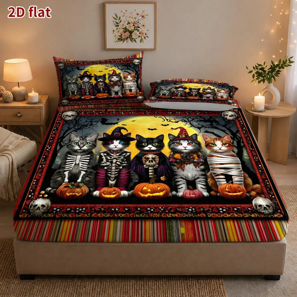 3-Piece Mattress Protector Set, 1 Fitted Sheet + 2 Pillowcases (Without Filling) 2D Flat Printing, Mattress Protector, Fitted Sheet Protector, Mattress Cover, Elastic Fitted Sheet Cover, Halloween Mattress Protector, Mattress Cover, Elastic Fitted Sheet Cover King/Twin/Queen Size Fits Various Sizes