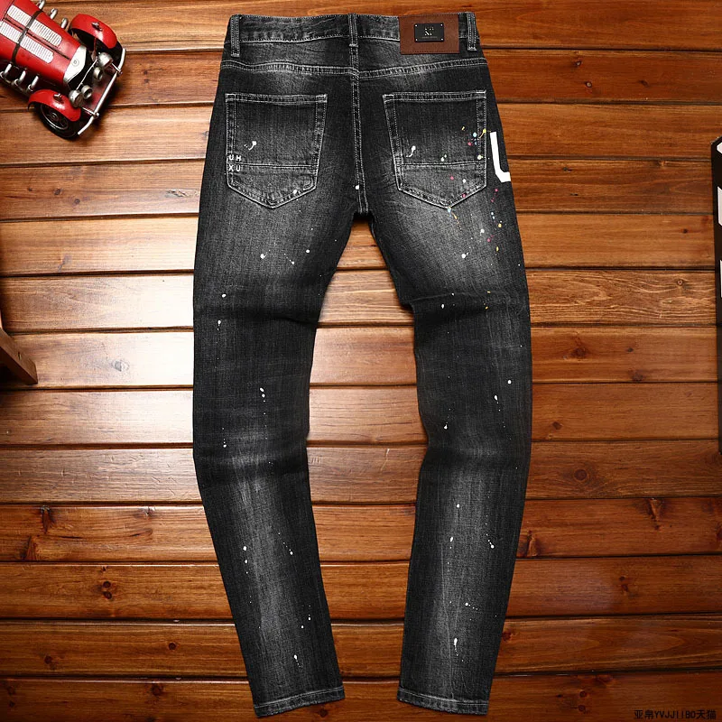 

Letter Printed Jeans Men's Ripped Paint Design Trendy Unique Street Fashion and Handsome 2024 New Long Pants
