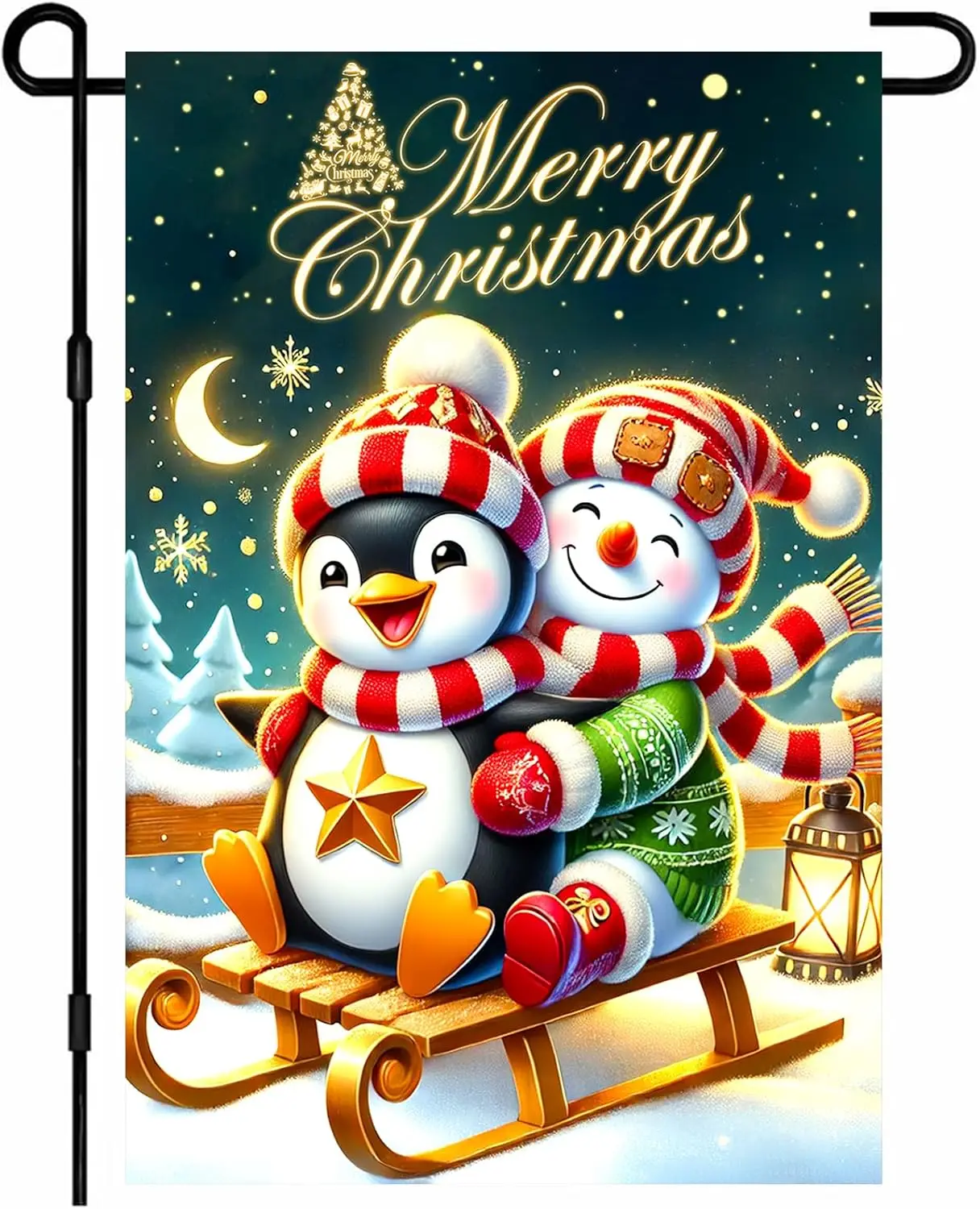 Christmas Garden Flag 12x18 Inch Double Sided Penguin Snowman Flag Sleigh Ride Yard Banner Holiday Outdoor Decor Winter Lawn UUX