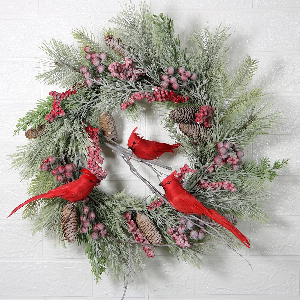 

17.7 Inch Faux Pinecone Red Bird Christmas Hanging Wreath Vitality Plastic Festival Wreath Scene Arrangement Props