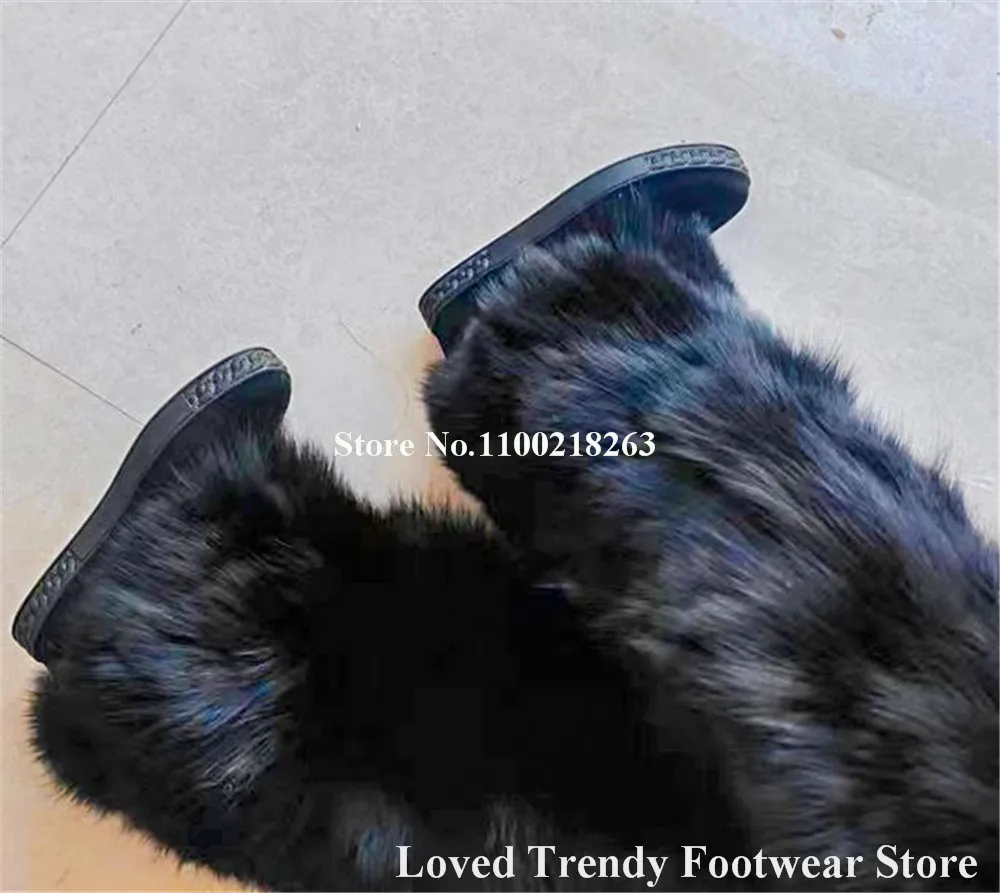 Winter Warm Black White Curve Wool Fur Knee High Wedge Boots Fashion Round Toe Height Increasing Slip-on Long Boots