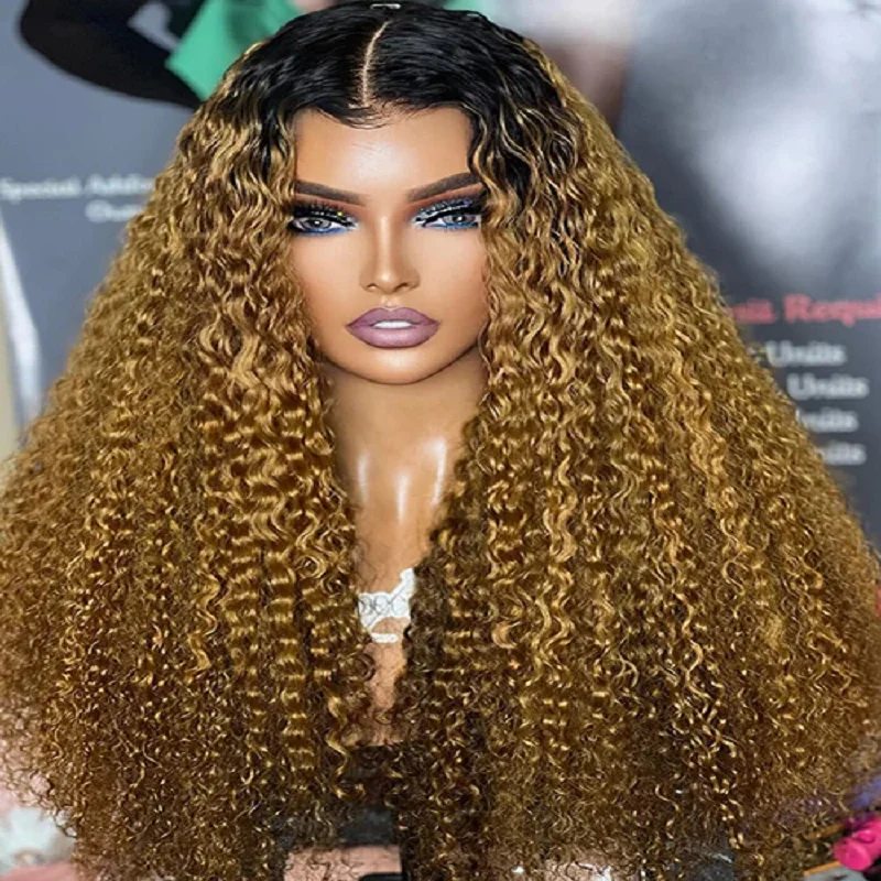 

Soft Long 26inch 180 Density Glueless Ombre Brown Blonde Kinky Curly Lace Front Wig For Black Women Babyhair Preplucked Daily