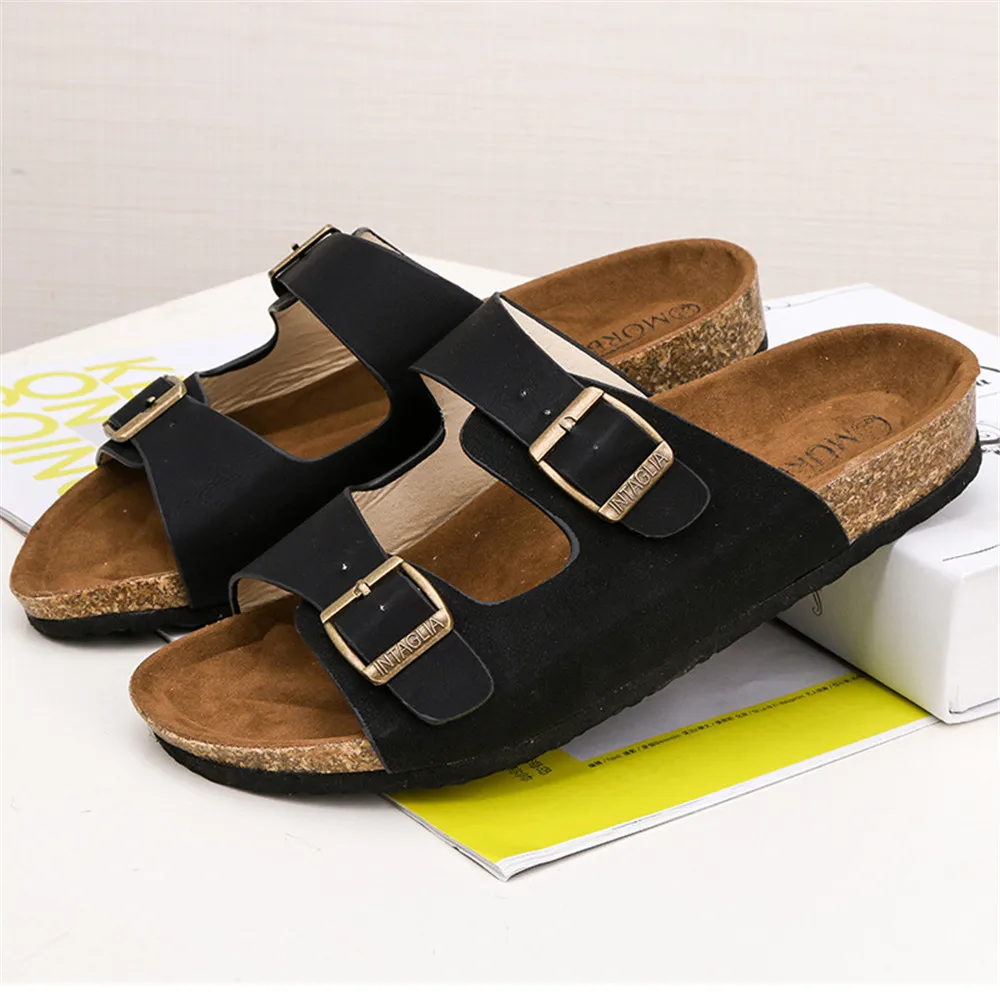 2024 New Summer Men\'s Cork Slippers Flats Flock Mule Clogs Sandals Soft Male Two Buckle Beach Slides Footwear For Men Shoe Black