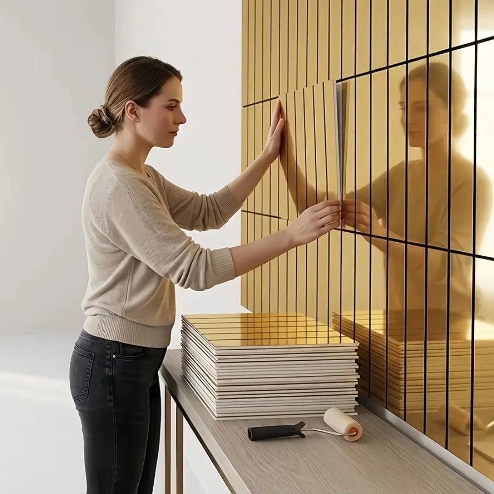 10PCS Self-Adhesive Faux Grille Mirror Wall Sticker Reflective Stripe Pattern Mirror Wallpaper Shining Surface Square