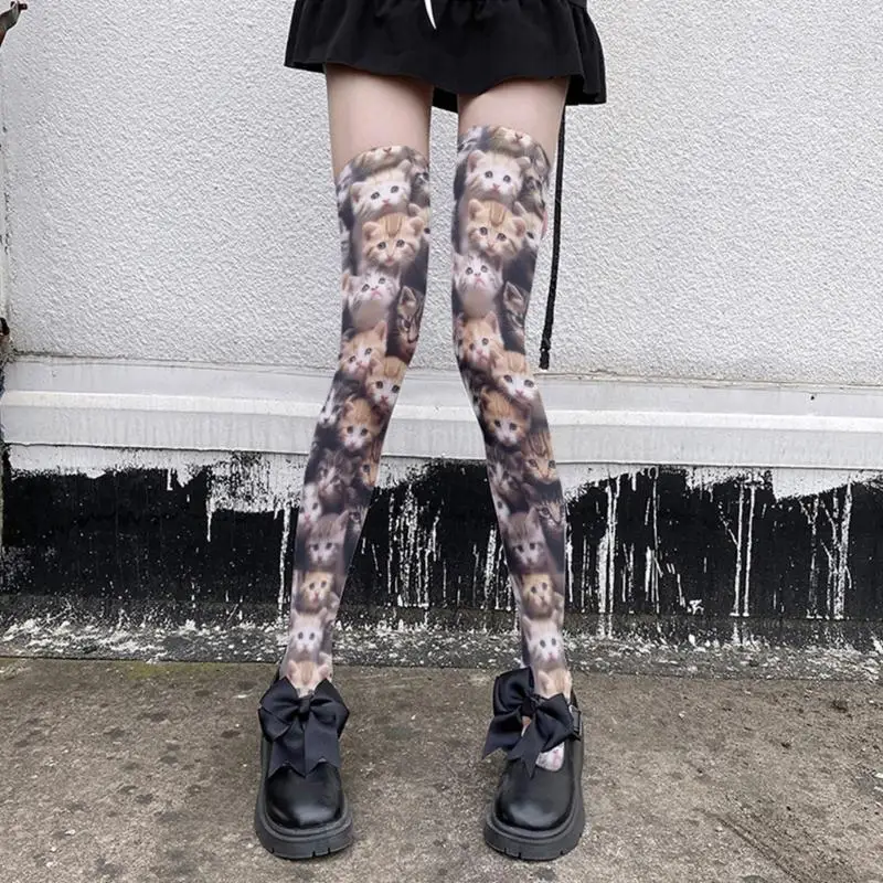 

Women Thigh Highs Socks Over the Knee Tube Socks Knee Highs Socks Cats Printed Silk Stockings Erotic Costume Accessories