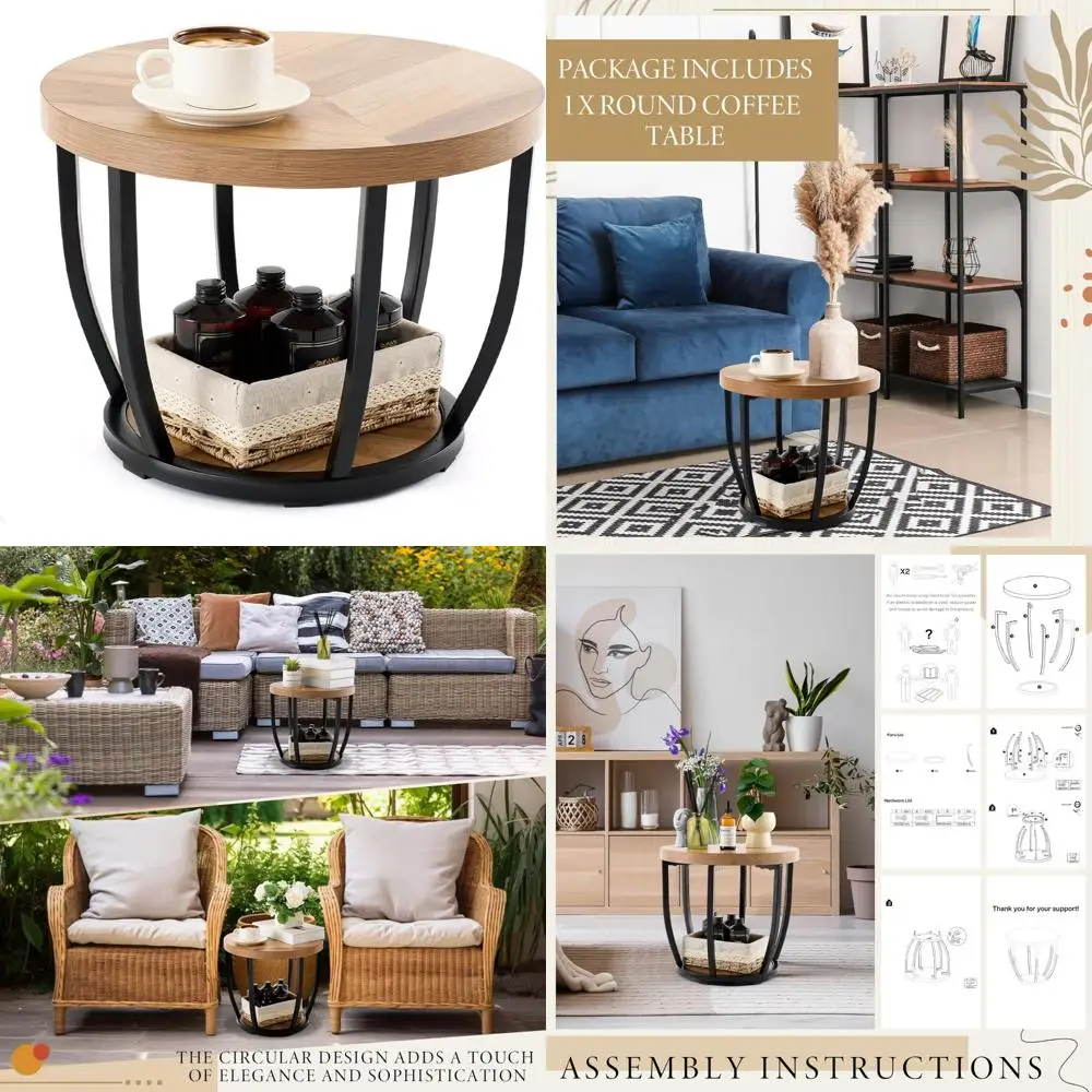 

Современный промышленный 2-х уровневый круглый деревянный журнальный столик с полками для хранения вещей для гостиной