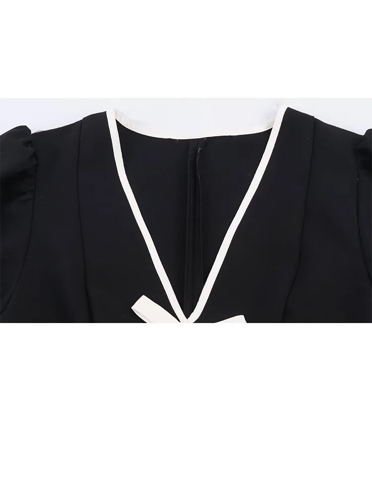 HH المرأة الربيع الصيف جديد التباين اللون القوس مزين فستان قصير الحلو قصير تاريخ الحفلات المألوف تنوعا فستان بفتحة عنق على شكل v