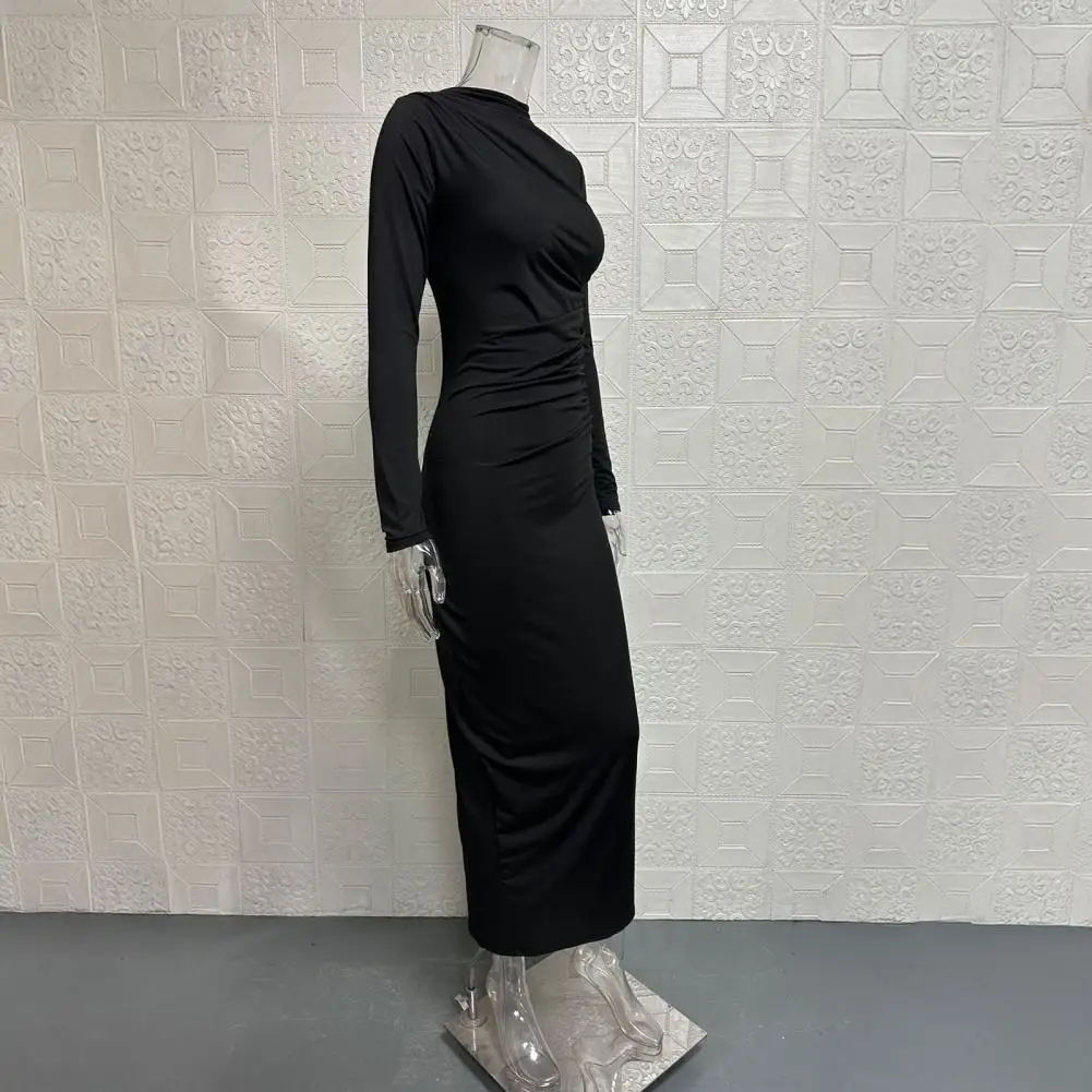 Bodycon DFemale أنيقة الصلبة س الرقبة طويلة الأكمام Ruched الشق مثير سليم ماكسي فستان الحفلة الراقصة ملابس الربيع حفلة عيد ميلاد عطلة
