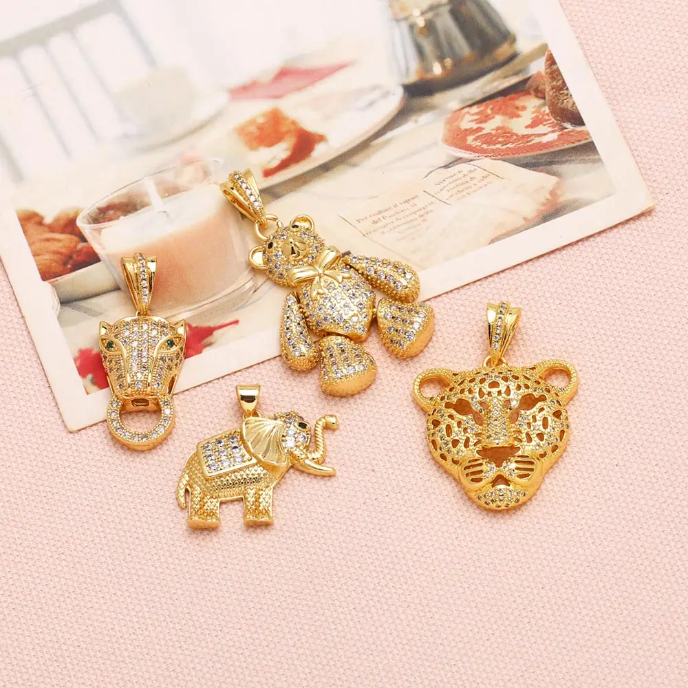 OCESRIO Fashion White Crystal Big Cute Bear Pendant for Necklaces Copper Leopard Elephant Jewelry Making Component pdtb724