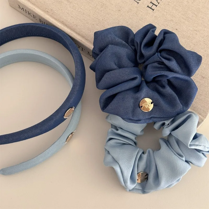 Simple and Elegant Gold Label Denim Blue Fresh Women\'s Solid Fabric Hair Band High Head Cap Band Large Intestine Ring Hair Ring