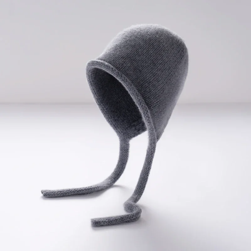 

Women's 100% Cashmere Thick Ear-Protective Cap Solid Color Knitted Warmth Winter Windproof Pullover Wool Laced Rolled-Up Cap