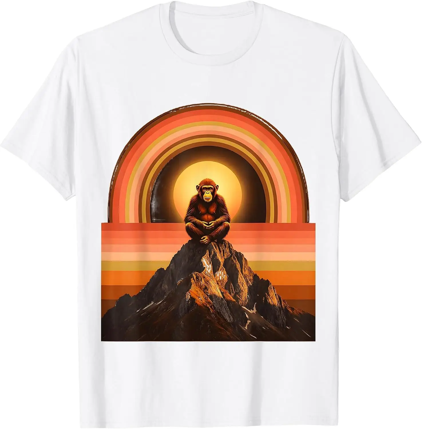 Peaceful Ape On Mountain Summit Illustration T-Shirt 100% Cotton Trendy Y2K Short-Sleeve Tee – Soft, Quick-Drying, & Moisture-Wicking; Ideal for Sports or Casual Wear; Great Gift for Christmas or Halloween.