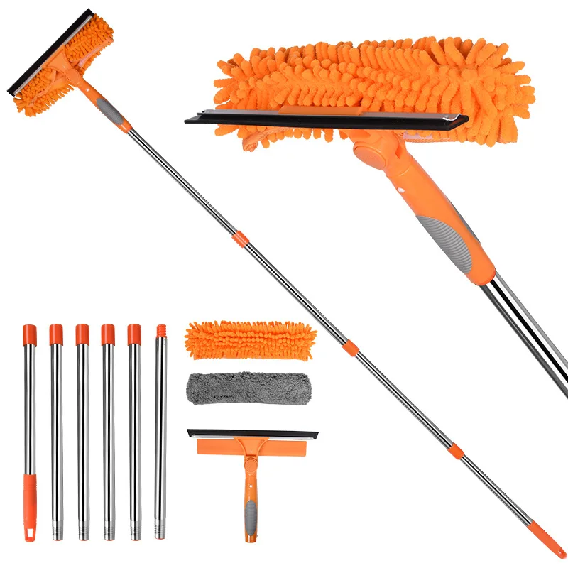 أداة تنظيف منزلية 2 في 1 من الفولاذ المقاوم للصدأ بمقبض طويل لتنظيف النوافذ الزجاجية