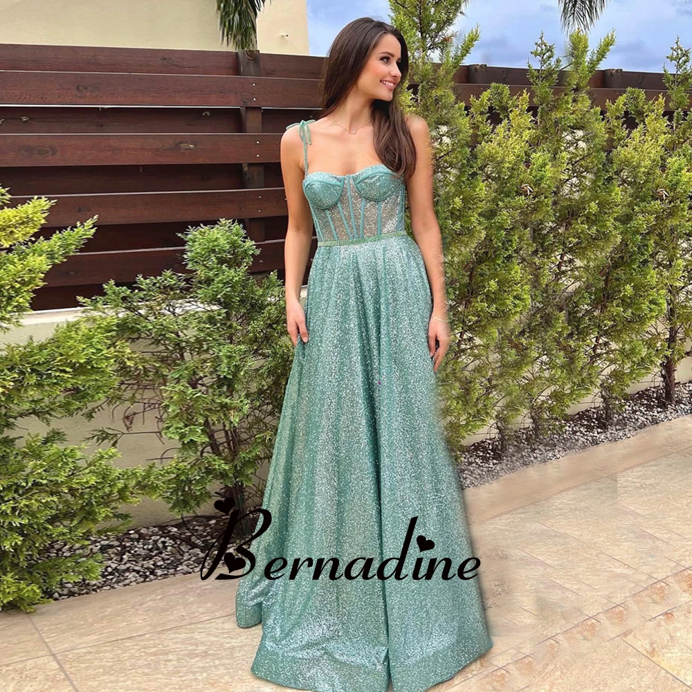 

Bernadine Glitter A-Line Prom Evening Dresses Spaghetti Straps Sleeveless Backless Pleated Sequin Sweep Train Robes De Soiree