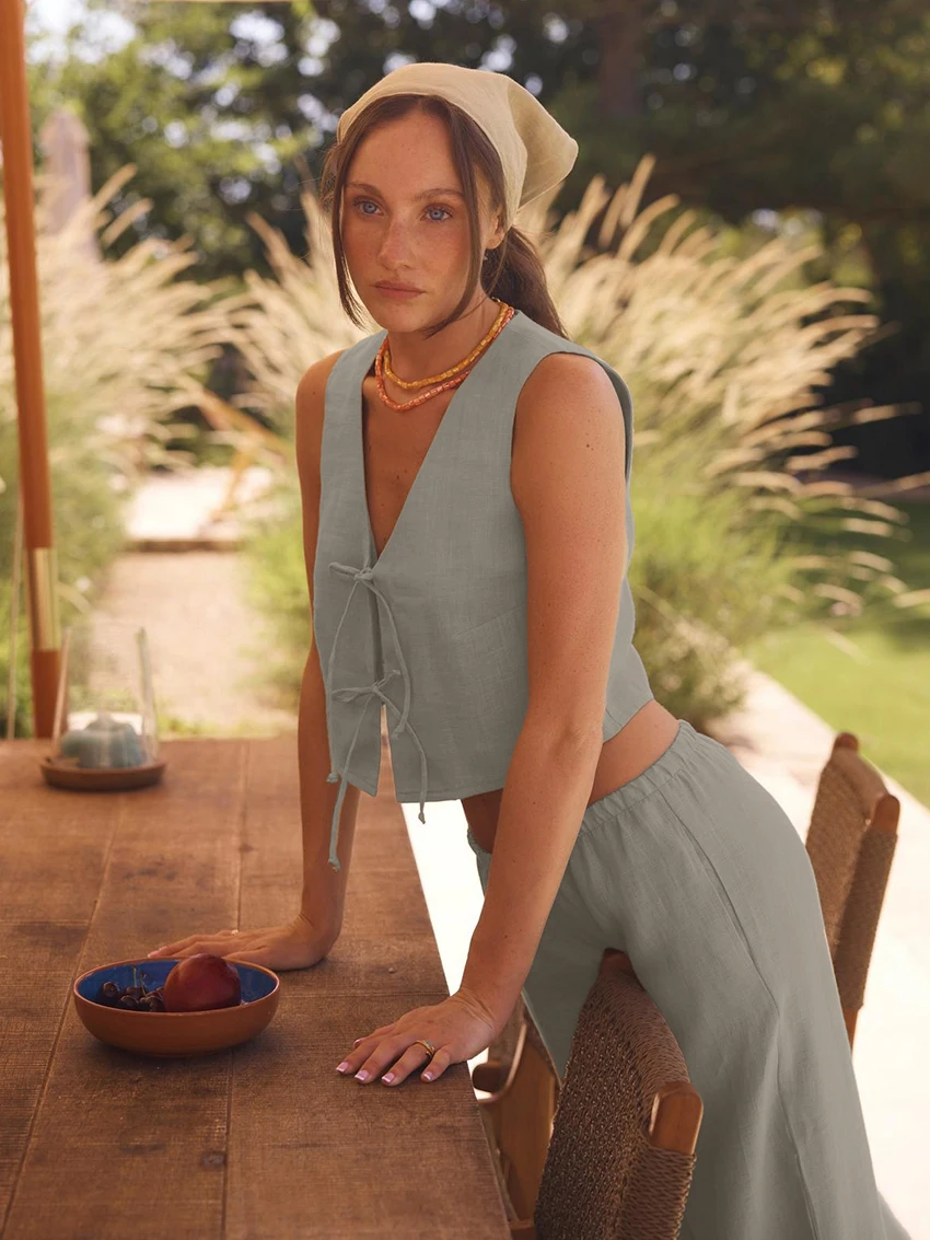 Marthaqiqi Casual Female Nightgowns Set Tank Tops Sleepwear V-Neck Pajamas Sleeveless Nightwear Pants Cotton Women Nightie Suits