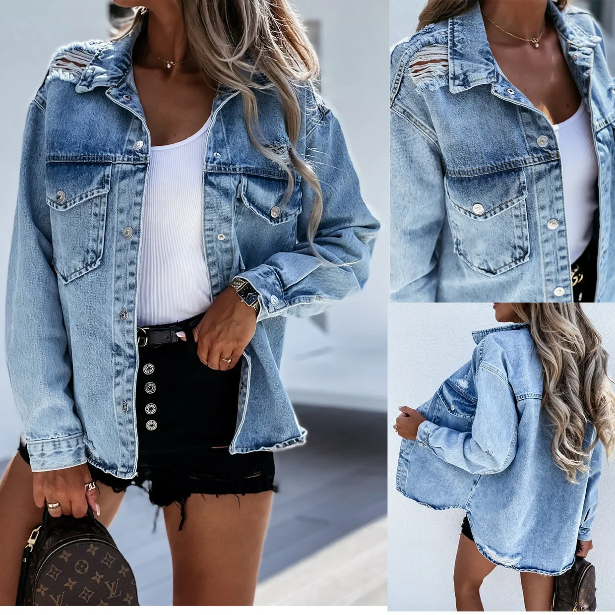 New Autumn Jeans Jacket Women Loose Street Washed Hole Long Sleeve Denim Jacket for Women