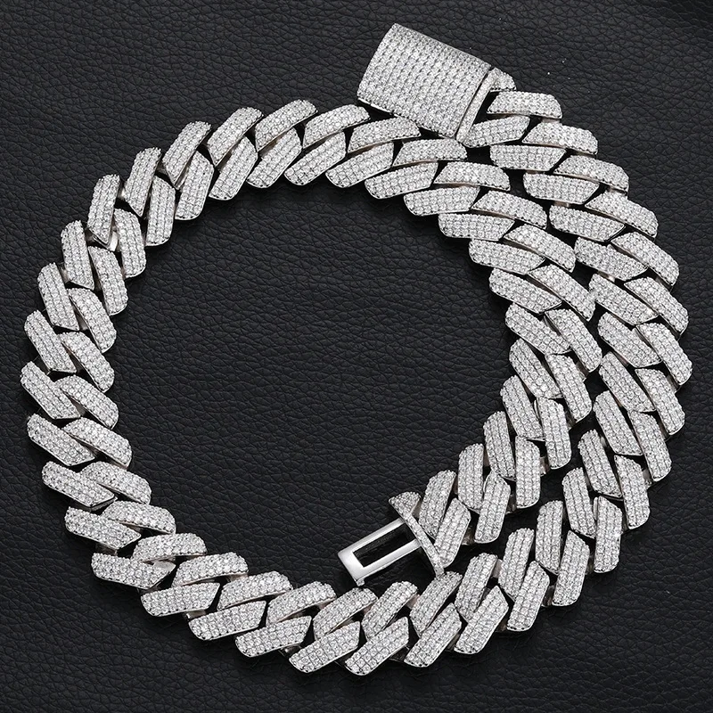 S925 sterling silver high-quality three-row Mosonite 20MM diamond Cuban chain hip-hop trend necklace jewelry