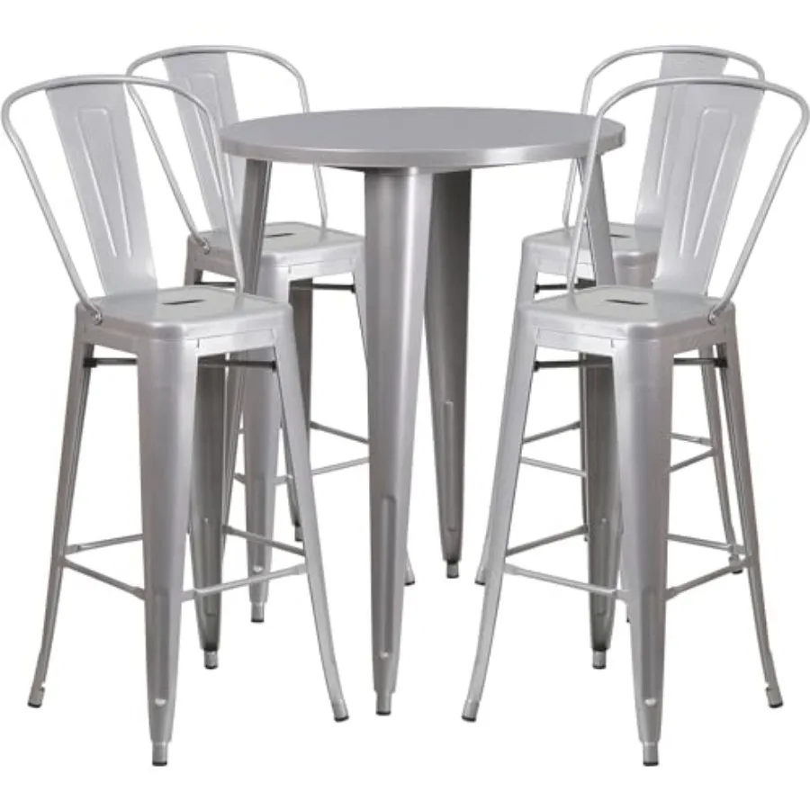 

Callum Commercial Grade 30" Round Silver Metal Indoor-Outdoor Bar Table Set with 4 Cafe Stools