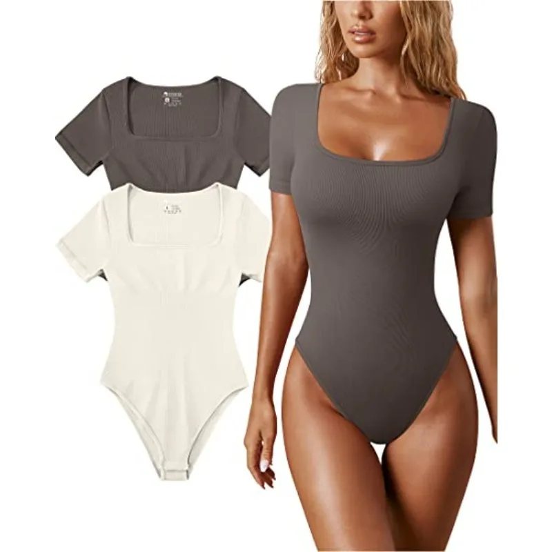 Thong Jumpsuits for Women Tummy Control Sexy Square Neck One Piece Short Sleeve Bodysuits, Solid Tank Tops Body Suit