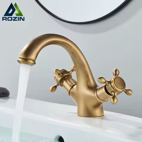 Rozin Dual Handle Basin Vessel Sink Faucet Deck Mounted Antique Brass Bathroom Washing Basin Faucet Hot and Cold Water Mixer Tap