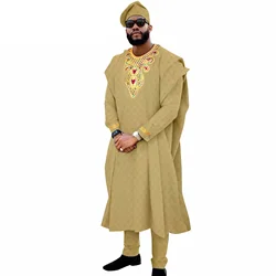 African Suits for Men Agbada Robe Dashiki Shirts Pants and Hat 4 Piece Set Dashiki Clothes Kaftan for Wedding Evening Party