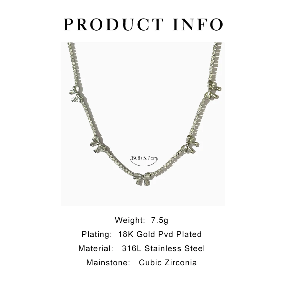 Peri\'sbox Anti Tarnish Stainless Steel Cute Bow Cz Tennis Choker Necklace for Girl Y2K Tie the Knot Zircon Collar Korean Jewelry
