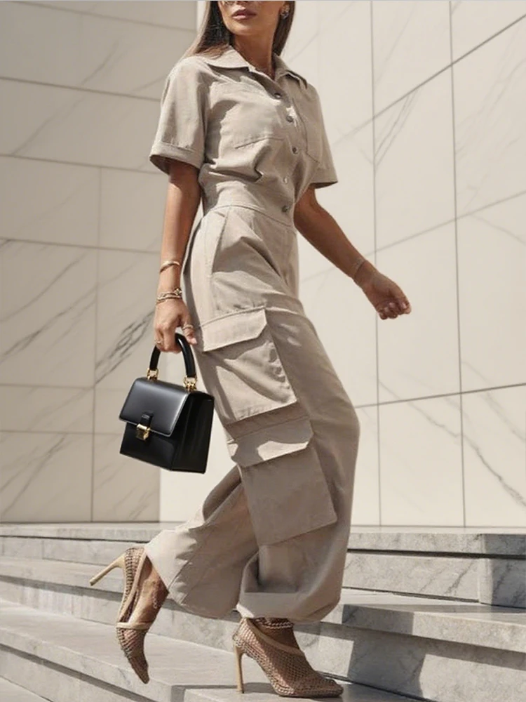 

Elegant Women's Overalls 2025 Woman Party Jumpsuit Loose Short Sleeves Buttoned Pockets Solid Color Lapel Cargo Jumpsuits