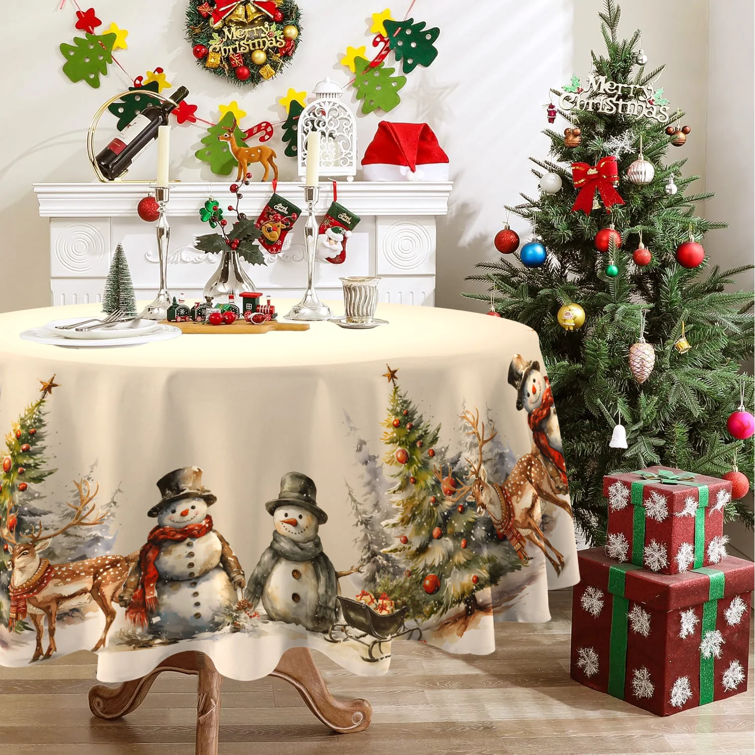 Vintage Christmas Tablecloth Tree  Golden Snowman Table Cover Christmas Decorations for Home 2025 Gifts Navidad New Year