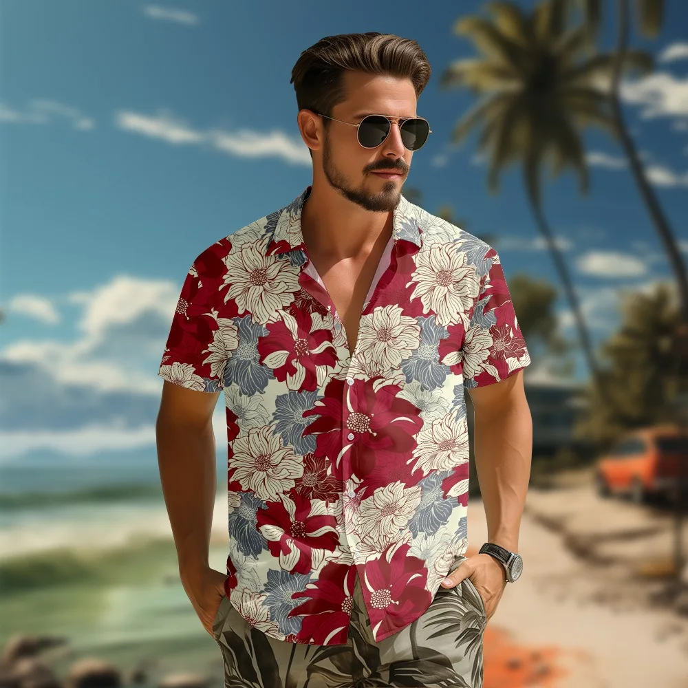 Men's Hawaiian Sunset Aloha Shirt Summer Short Sleeve Tops Colorful Loose Cotton Shirts Button Down Tropical Holiday Beach Shirt