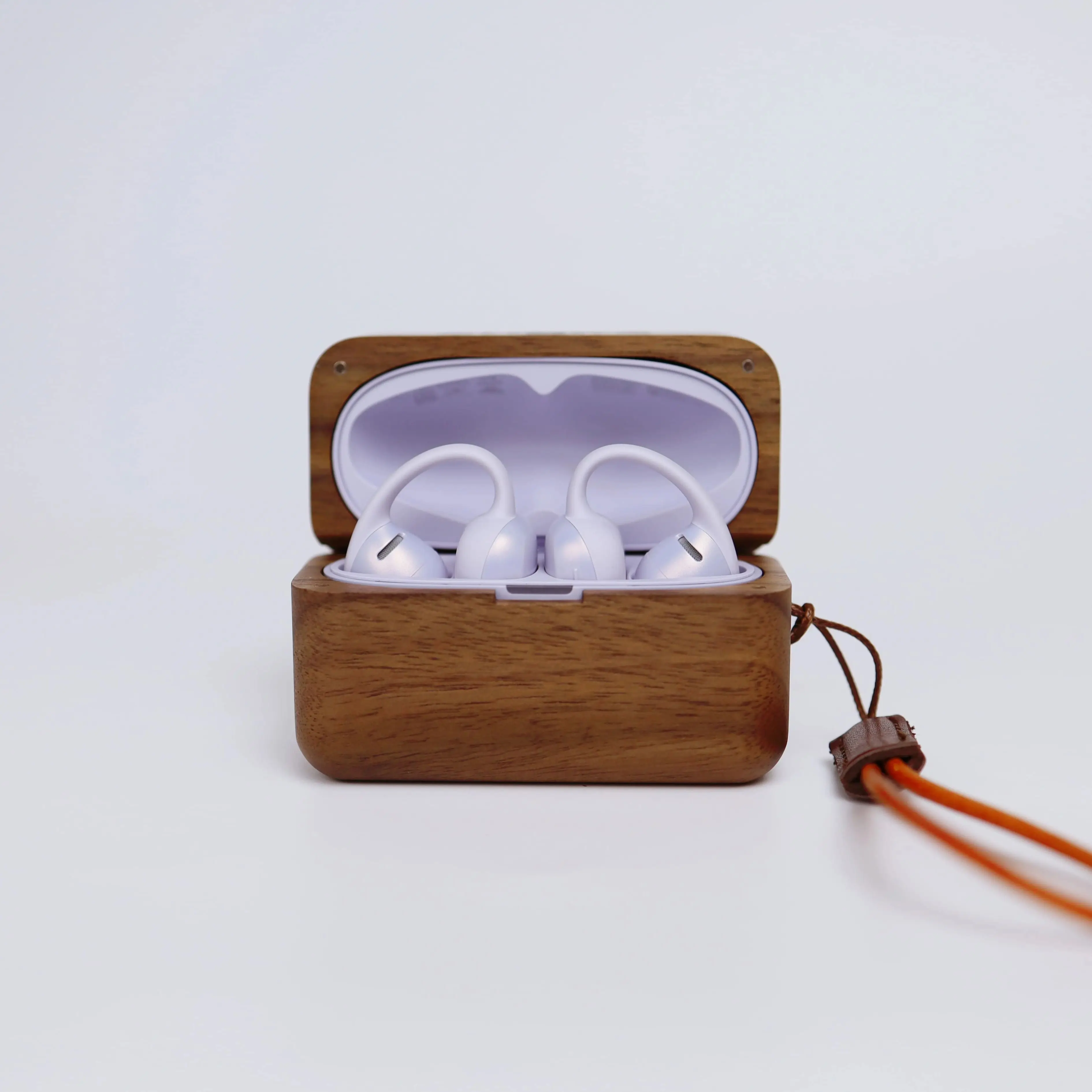 For Shokz OpenDots Air Walnut Wood Earbuds Case Split Solid Wood Protective Cover with Cowhide Lanyard