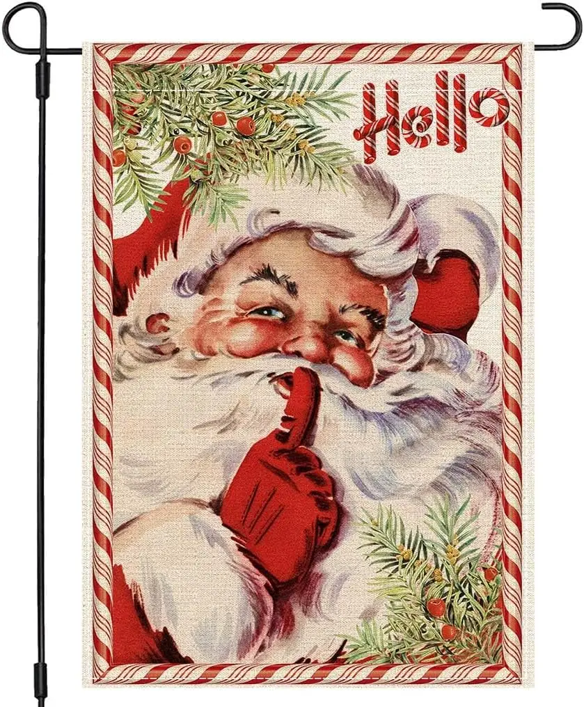 PANDICORN Red Santa Christmas Garden Flag 12x18 Inch Double Sided, Vintage Christmas Mistletoe Berry Candy Cane Hello Winter XKK