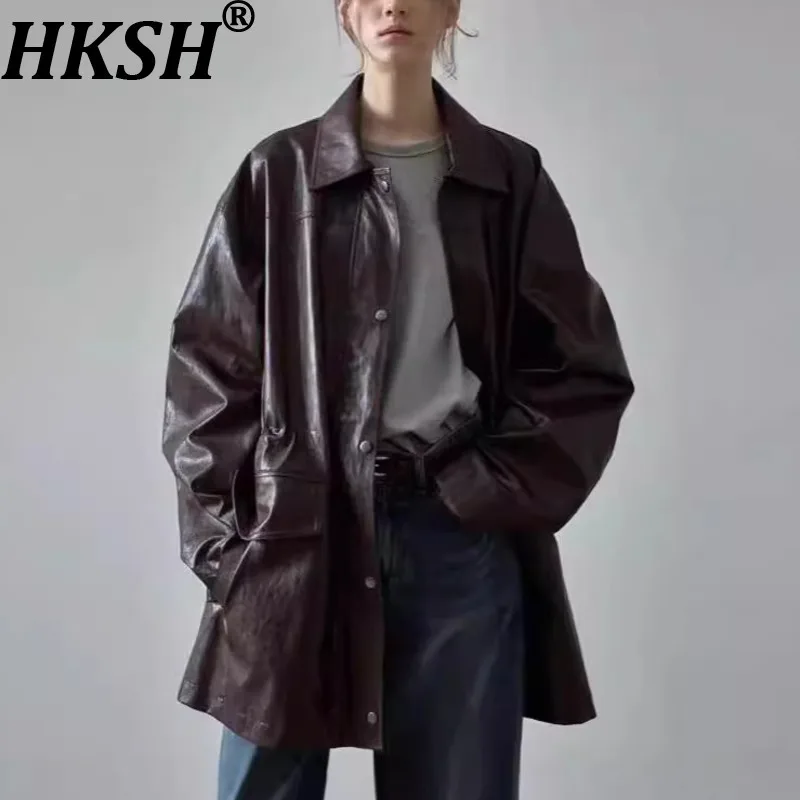 HKSH Frühling Herbst Neue Wome Jacke Faux Leder drehen-unten Kragen Einreiher Punk Streetwear Trendy Mid-Länge Mantel HK11368
