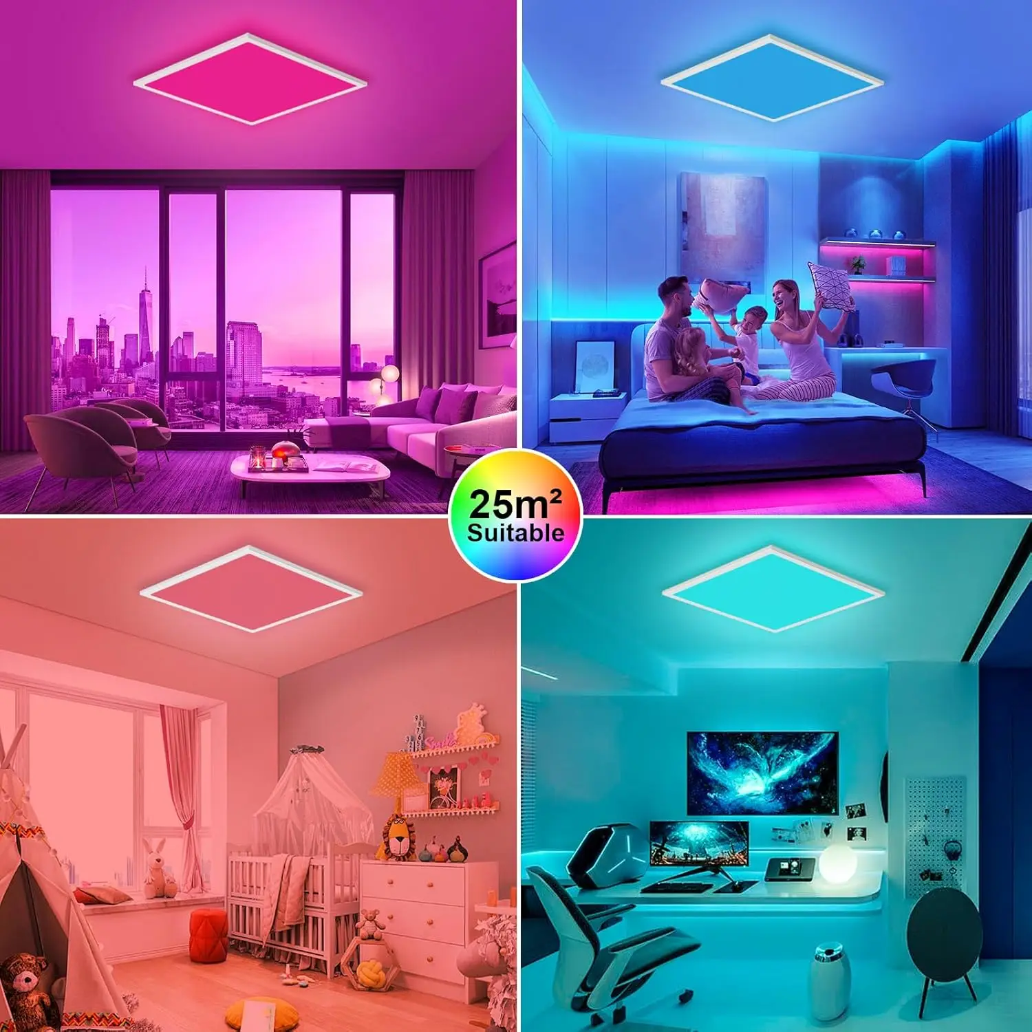 28W RGB LED Ceiling Panel 45×45cm, Dimmable Square Light with Remote, 3100LM, 3000K–6500K, Memory for Kitchen Office Hallway