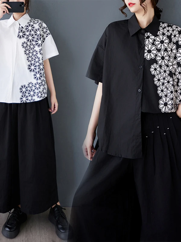 ユニークで美しい女性の夏のプリントデザイン韓国風ゆったりフィット襟付きカジュアルファイオントップ